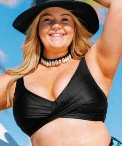 CUPSHE Cecilia Black V-neck Lace Up Plus Size Bikini Top Swimwear UP TO 70% OFF