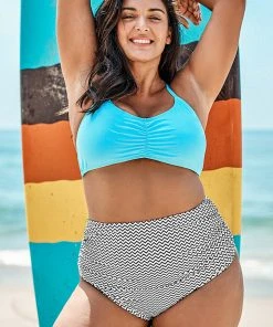 CUPSHE Swimwear UP TO 70% OFF Sky Blue And Stripe Print Plus Size Bikini