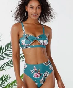CUPSHE Blue Floral Twist Cutout High Waisted Bikini Bikinis