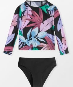 CUPSHE Girls' Tropicool Leaf Long Sleeve Swimsuit And Hipster Set Swimwear UP TO 70% OFF