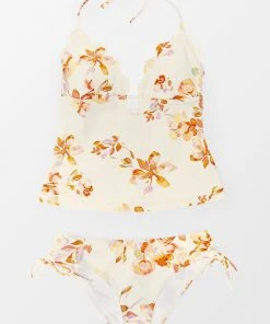 CUPSHE Swimwear UP TO 70% OFF Adeline Floral Plunge Halter Scalloped Low Waisted Tankini