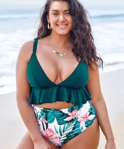 CUPSHE Green And Floral Ruffle Plus Size Bikini Swimwear BOGO 40% OFF
