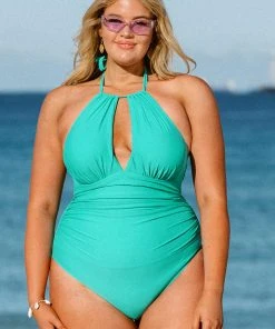CUPSHE Swimwear BOGO 40% OFF Nature Trip High Neck Keyhole Tummy Control Plus Size One Piece