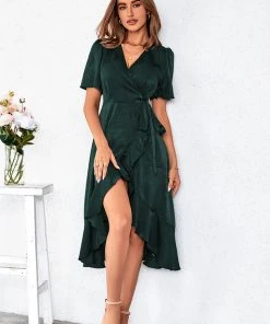 CUPSHE Angelique Tie Waist Ruffle Lace Up Wrap Dress Dresses