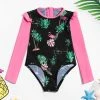 CUPSHE Girls Palm Beach Night Flamingo Plam Ruffle Long Sleeve Rashguard One Pieces