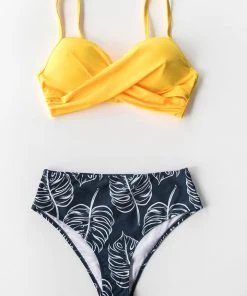 CUPSHE Yellow Twist-Front And Palm Print High Waisted Bikini