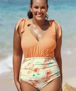 CUPSHE Relaxing Flowers Faux Bow Tummy Control Plus Size One Piece