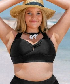 CUPSHE Charmed Romance Twist Front Black Plus Size Midkini Swimwear UP TO 70% OFF