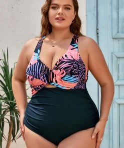 CUPSHE Plus Size Vapor Wave Hot Tropics Molded Twist Front One Piece Swimsuit