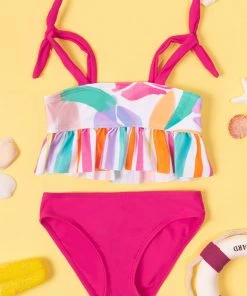 CUPSHE Happy Leaf Girls Ruffled Tankini And Hipster Bikini Set