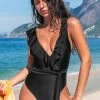 CUPSHE Paluma Black Ruffled Plunge One Piece Swimsuit One Pieces