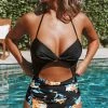 CUPSHE Black Floral Print Halter Tummy Control One Piece Swimsuit One Pieces