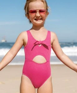 CUPSHE Girls Summer Dreaming Pink Ribbed Bunny Tie Front One Piece Swimsuit One Pieces