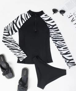 CUPSHE Swimwear UP TO 70% OFF Zahra Zebra Print High Neck Long Sleeve Tankini