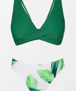 CUPSHE Green Solid And Leafy Print Bikini