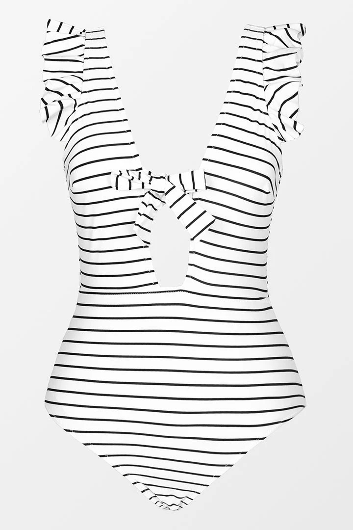 CUPSHE White And Black Stripe Ruffle One Piece Swimsuit
