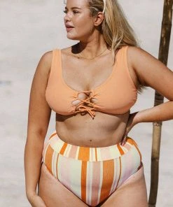 CUPSHE Happy Stripe Fixed Tie High Waist Tummy Control Plus Size Set Swimwear UP TO 70% OFF