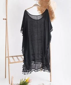 CUPSHE Cover Ups Abbie Black Round Neck Tassel Cover Up