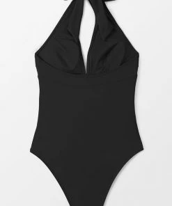 CUPSHE Pool Party Shirred Front Black One Piece Swimsuit One Pieces