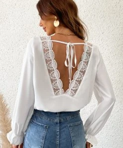 CUPSHE Accs & Clothing Brandi Long Sleeve Lace Trims Backless Tops