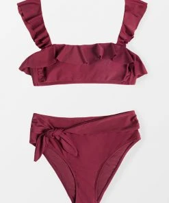 CUPSHE Carla Burgundy Ruffle Belted Bikini