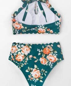 CUPSHE Swimwear UP TO 70% OFF Teal Floral Scalloped Bikini
