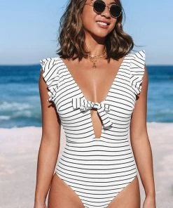 CUPSHE White And Black Stripe Ruffle One Piece Swimsuit