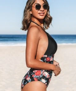 CUPSHE Black And Floral Plunging Halter Tummy Control One Piece Swimsuit