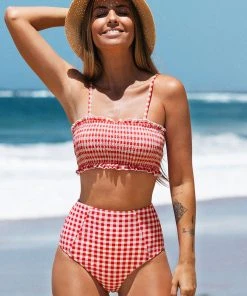 CUPSHE Red Gingham Smocked Bikini