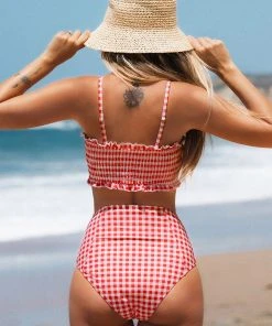 CUPSHE Red Gingham Smocked Bikini