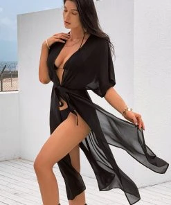 CUPSHE Cover Ups Demetria Short Sleeve Tie Waist Tea Length Kimono