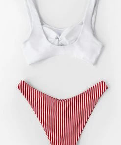 CUPSHE White Knotted And Red Stripe Bikini