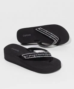 CUPSHE Amaretto Black Open Toe Flat Sandals