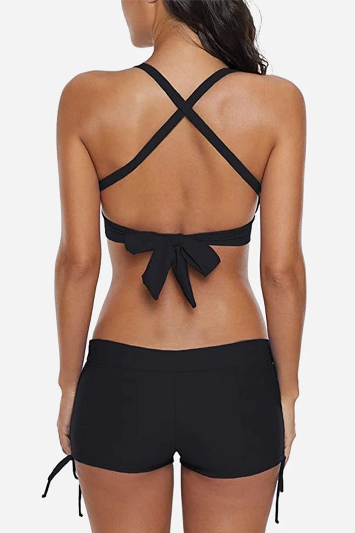 CUPSHE Bikinis Tri Cross Back Halter & Ruched Drawstring Boyshorts Bikini Set