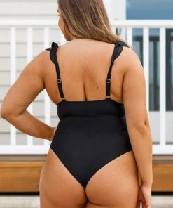 CUPSHE Swimwear UP TO 70% OFF Serena Black Ruffle Black Plus Size One Piece Swimsuit