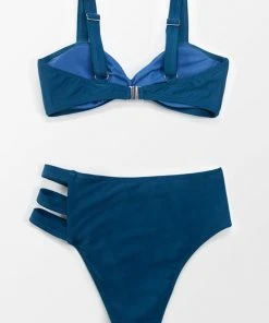 CUPSHE Navy Buttoned Strappy Mid Waisted Bikini