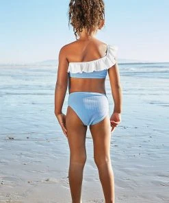 CUPSHE Swimwear Trendy Features Sarai Blue One Shoulder Ruffled Bikini For Toddler Girls And Girls
