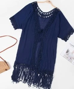 CUPSHE Flamenco Navy Front Open Tassel Crochet Kimono