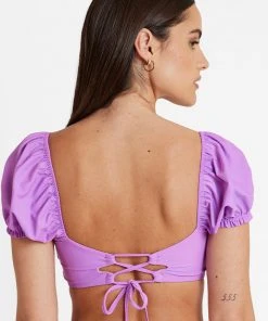 CUPSHE Mindful Solids Amethyst Puff Sleeve Bikini Top Bikinis