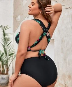 CUPSHE Palm Beach Night Twist High Waist Tummy Control Plus Size Bikini