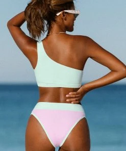 CUPSHE Spring Macaron One Shoulder Cutout And High Waist Bikini Set Swimwear Trendy Features