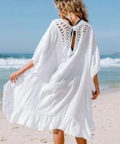 CUPSHE Cover Ups Sophia White Square Neck Crochet Tassel Kaftan