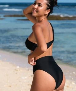 CUPSHE Swimwear Trendy Features Keep It Cool Black One Shoulder And Cheeky High Waist Bikini Set