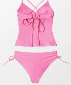 CUPSHE Tierra Wrap Criss Cross Side Tie Pink Tankini Bikinis