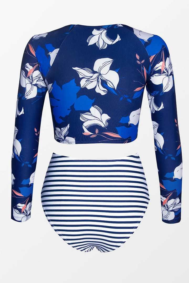 CUPSHE Mackenzie Floral And Striped Long Sleeve Bikini Bikinis