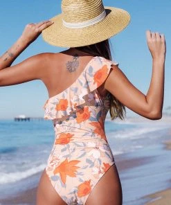 CUPSHE One Pieces Romantic Flower Ruffled One Shoulder One Piece Swimsuit