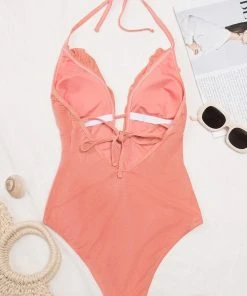 CUPSHE One Pieces Noelia Pink Halter Plunge Ruffle One Piece Swimsuit