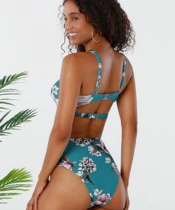 CUPSHE Blue Floral Twist Cutout High Waisted Bikini Bikinis