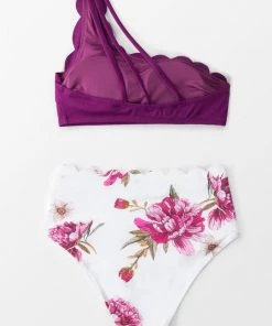 CUPSHE Swimwear UP TO 70% OFF Purple And Floral One Shoulder Scalloped Bikini