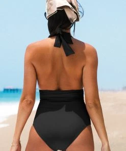 CUPSHE Summer Seaside Ruched Halter Tummy Control Black One Piece Swimsuit One Pieces